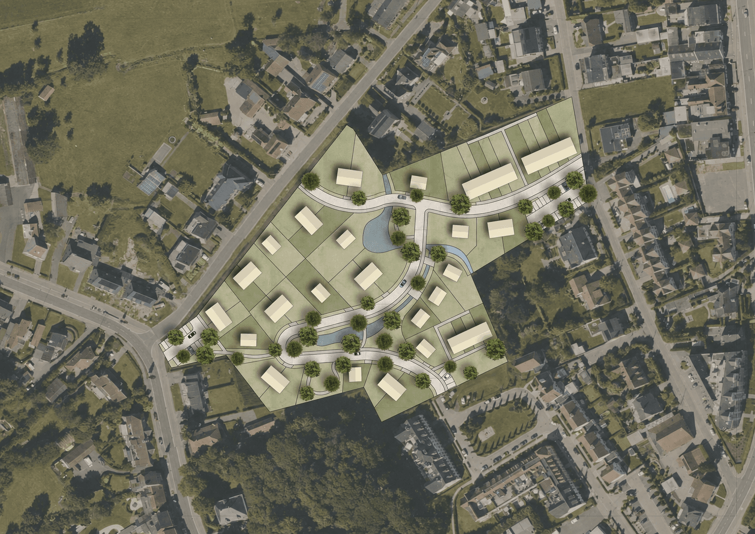 Inbreidingsplan voor Poppel met een golvende groen- en waterstructuur