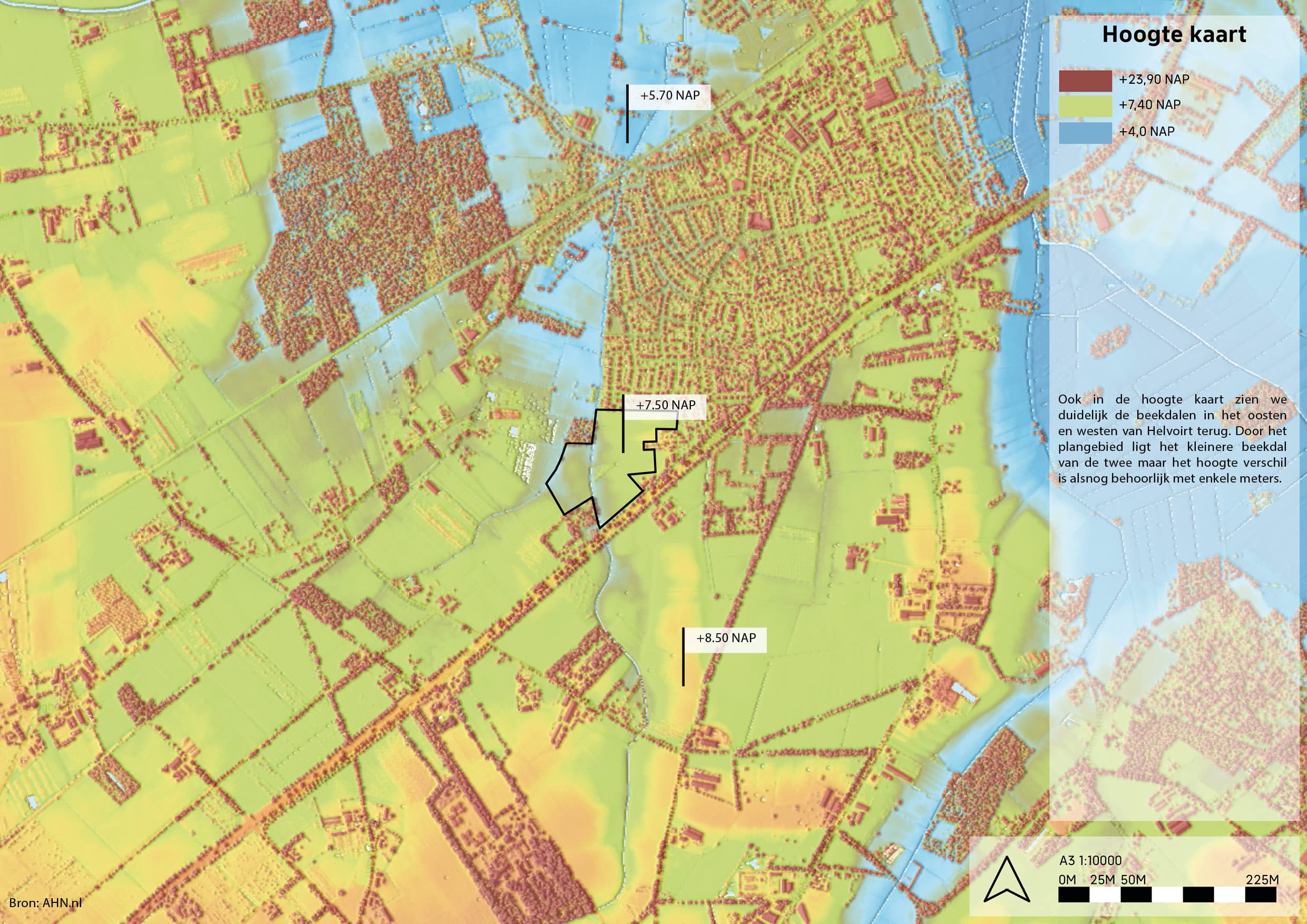 Hoogtekaart van het plangebied en het beekdal rond Helvoirt